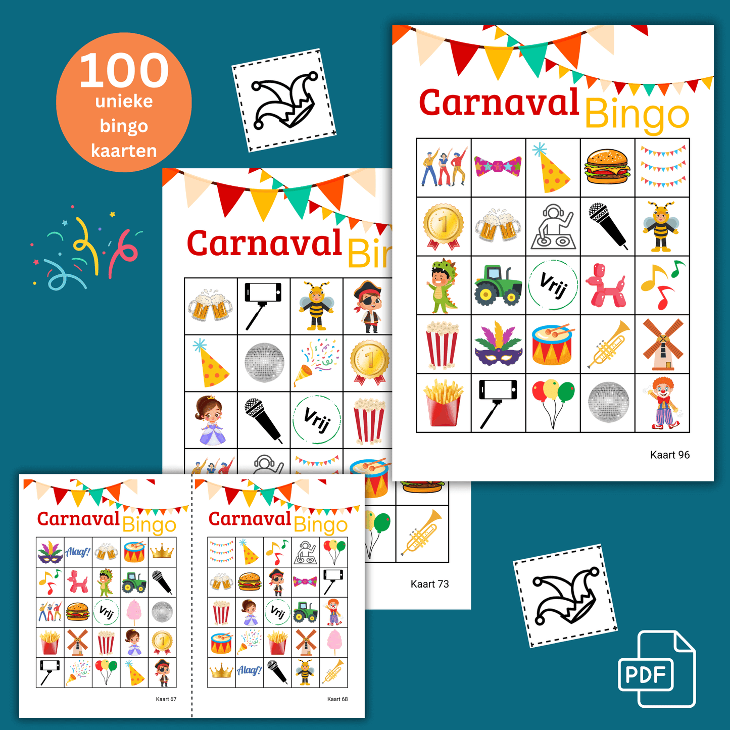 Te downloaden Carnavals bingo kaarten in PDF voor gezellige groepsactiviteiten tot 100 personen.