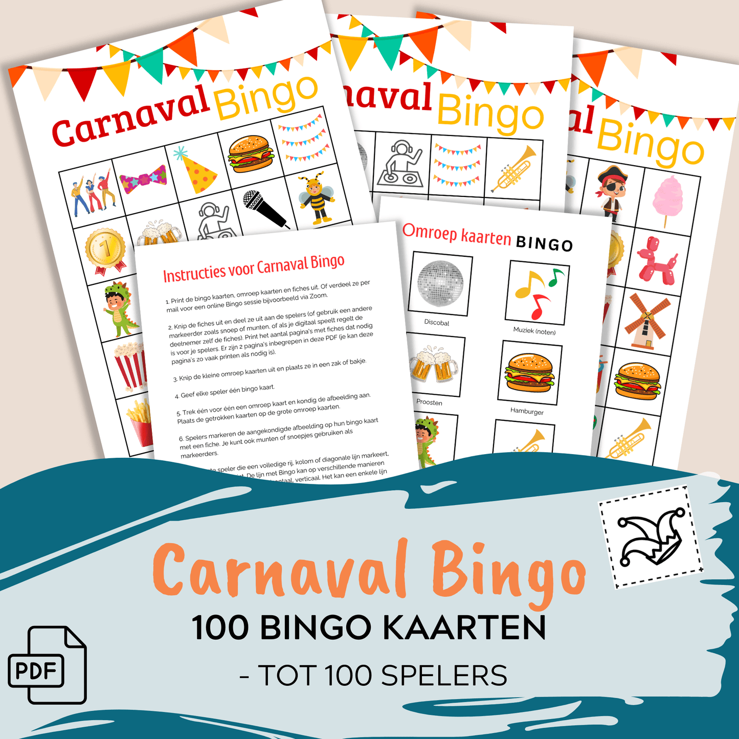 Carnavals bingo spel voor feesten met 100 kaarten, direct te downloaden.