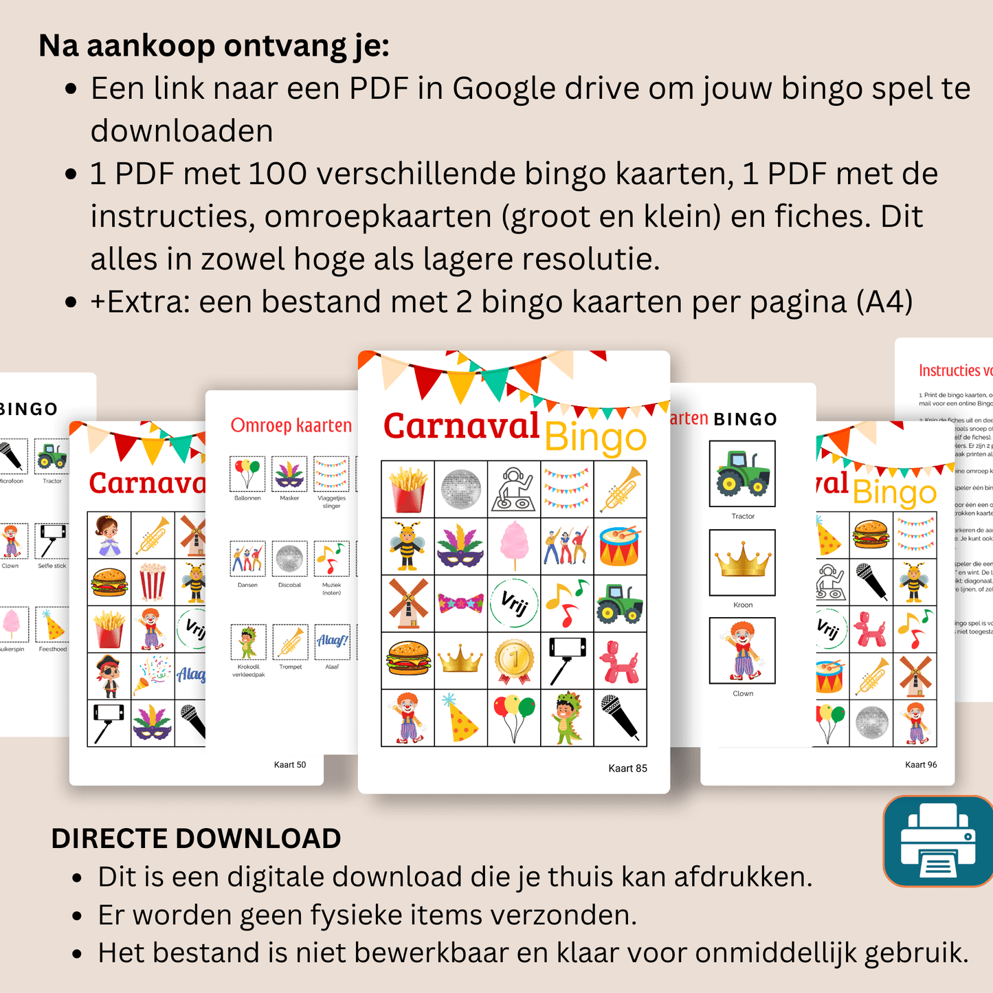 100 verschillende Carnavals bingo kaarten voor een groot feest of evenement tot 100 spelers.