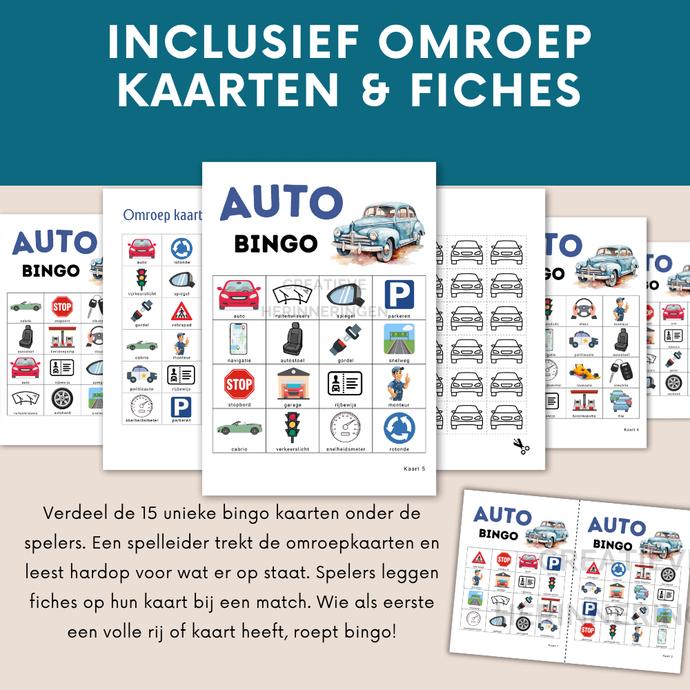 Autobingo spel voor kinderen als digitale download in auto thema
