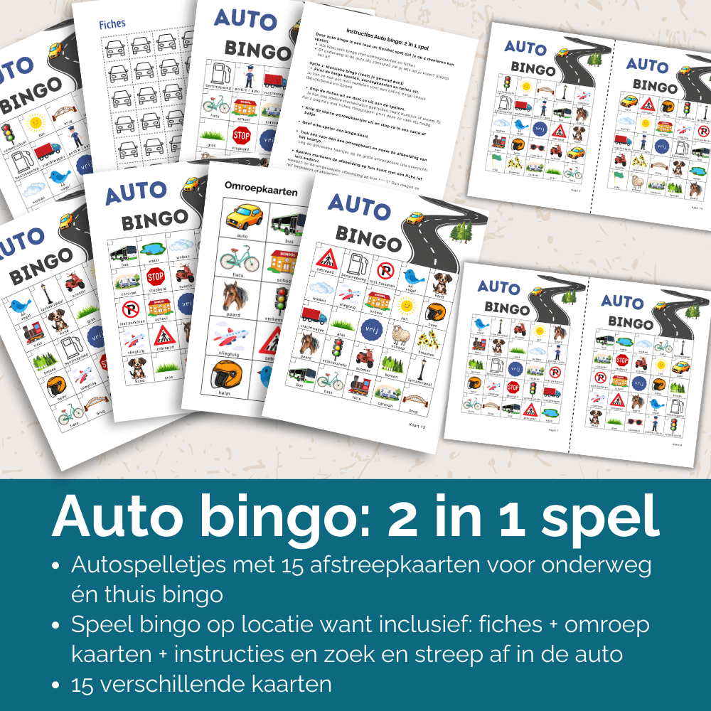 Autospelletjes met 15 unieke kaarten om samen te spelen in de auto of op de bestemming samen met de kinderen
