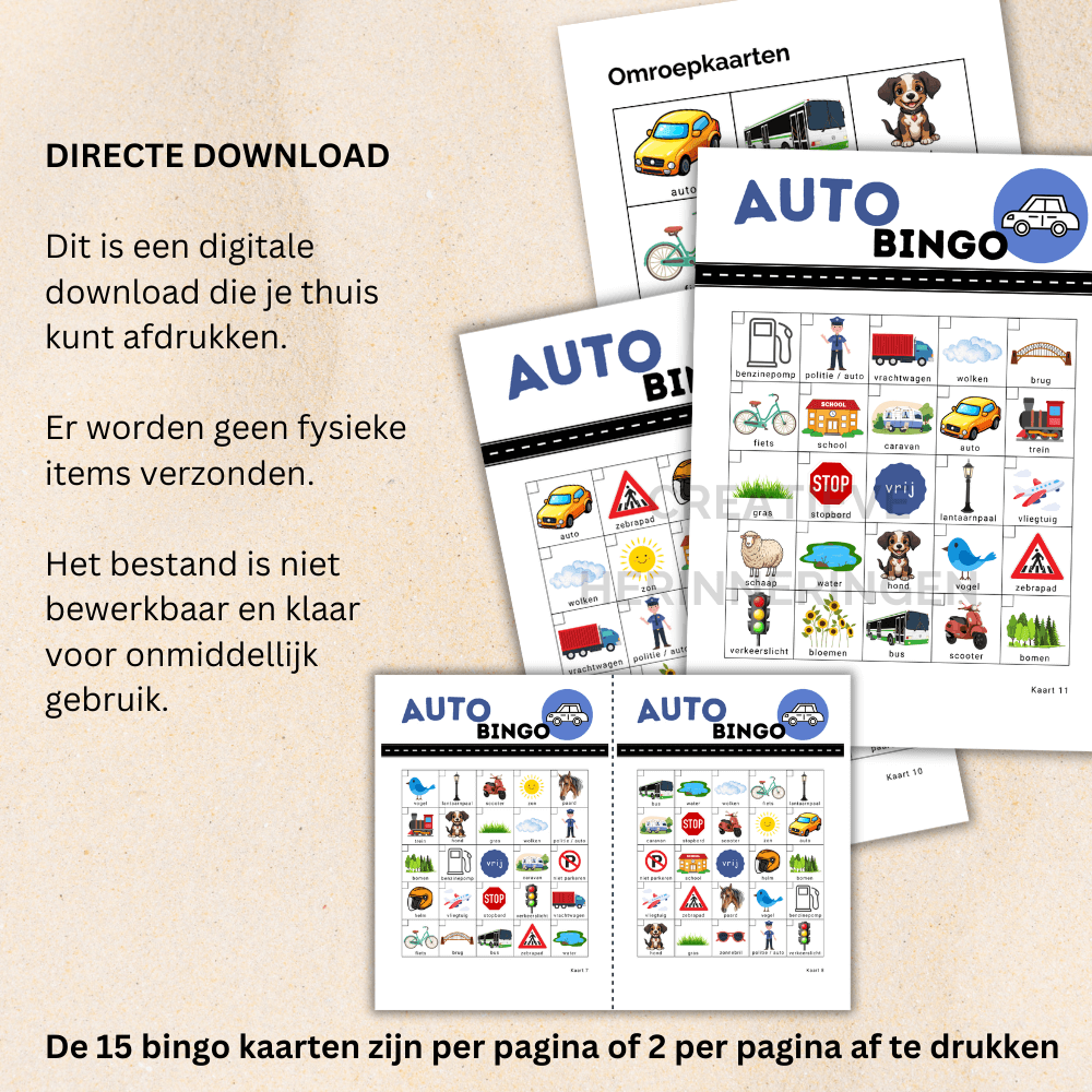 Kinderen spelen autobingo onderweg voor rust en plezier op de achterbank, 15 verschillende kaarten