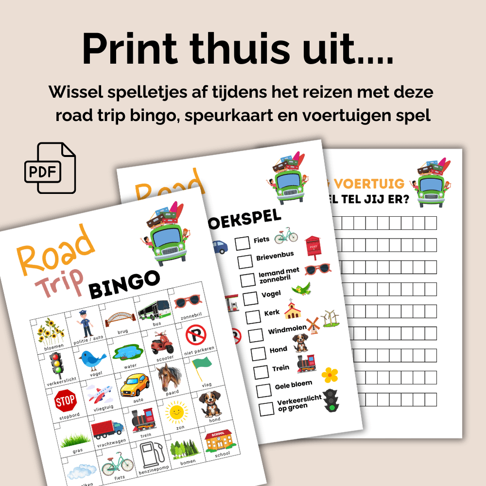 Road trip bingo, speurkaart en voertuigenspel in één road trip spellen pakket