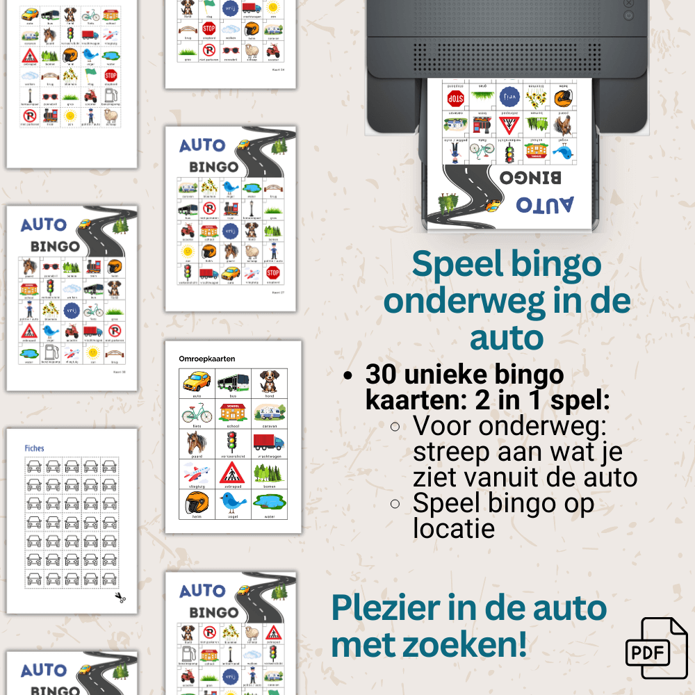 Bingo spel voor onderweg met afstreepkaarten, ideaal voor feestjes. Speel vervolgens bingo op locatie met omroepkaarten