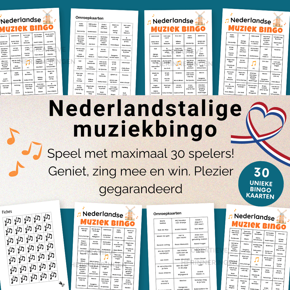 Muziek bingo spel voor 30 personen met Hollandse muziek, ideaal voor feestjes