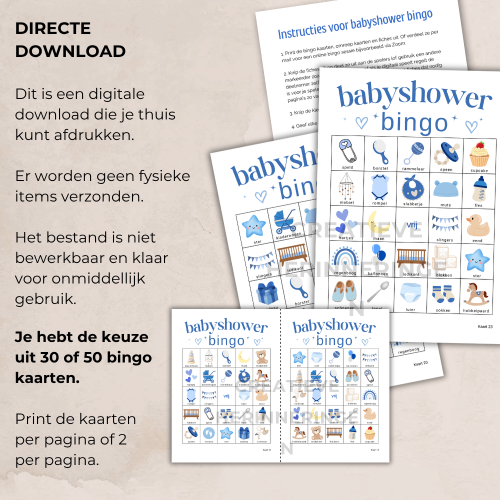 Babyshower bingo met blauwe kleur en rustige uitstraling