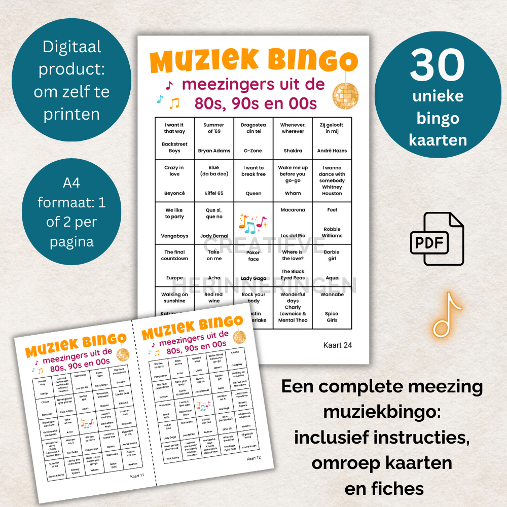 Muziek bingo spel met bekende meezingers uit de 80s, 90s en 00s. Combineer nostalgie met bingo voor een ontspannen spelletje