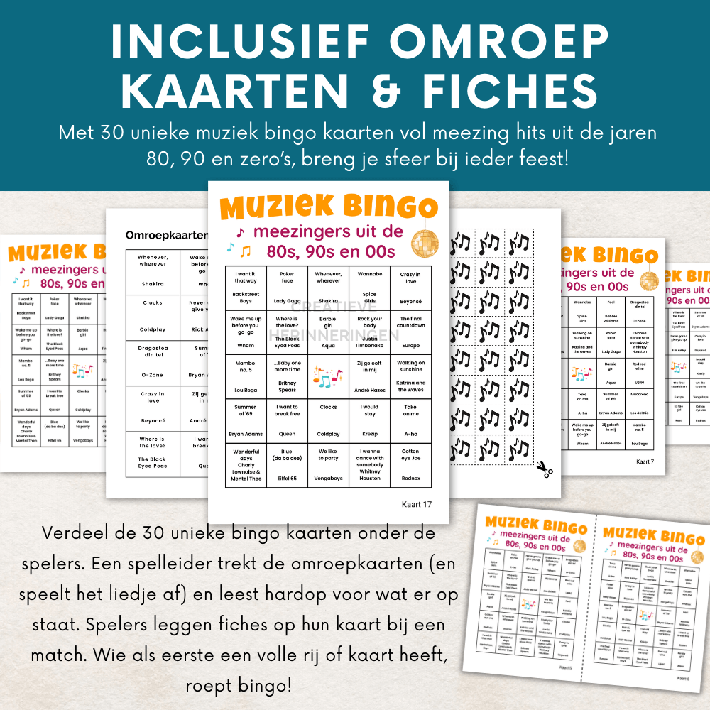 Bingo spel met 30 uit te printen kaarten, gevuld met meezingers uit drie decennia (80,90,00). Inclusief muzieklijst en duidelijke uitleg.