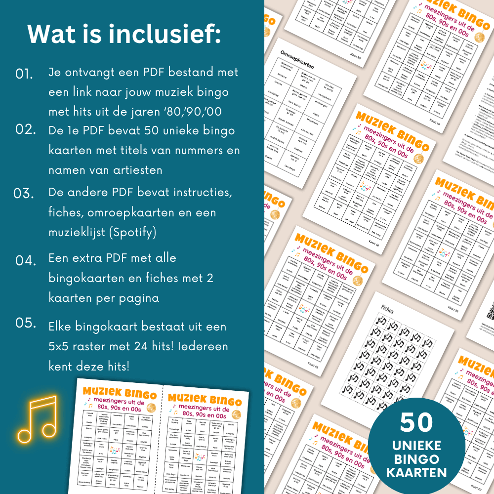 Muziekfeest bingo spel met hits uit de jaren ’80, ’90 en ’00. Direct te downloaden en te gebruiken voor elk feestje.