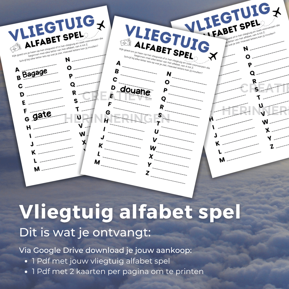 Uit te printen vliegtuigspel met alfabet voor onderweg