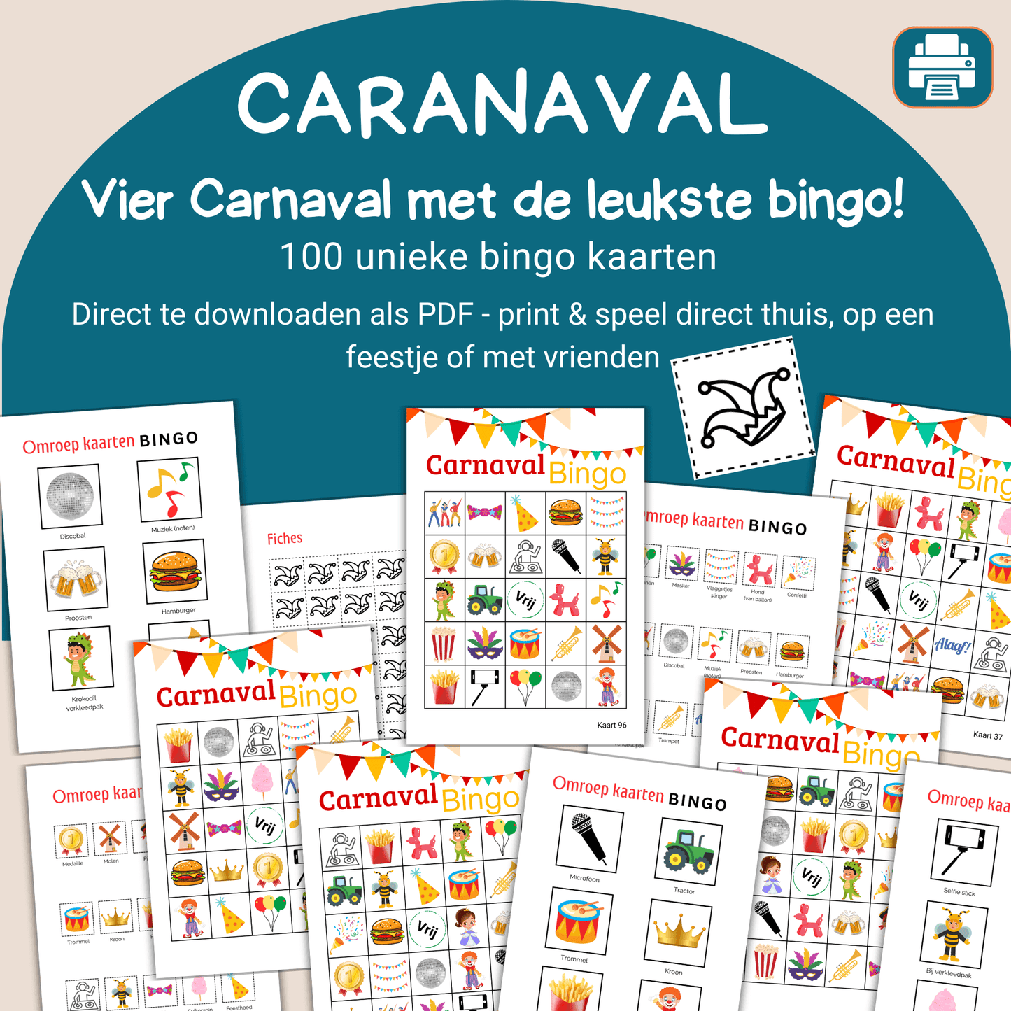 100 unieke bingo kaarten voor je volgende Carnavalsfeest, snel te downloaden.