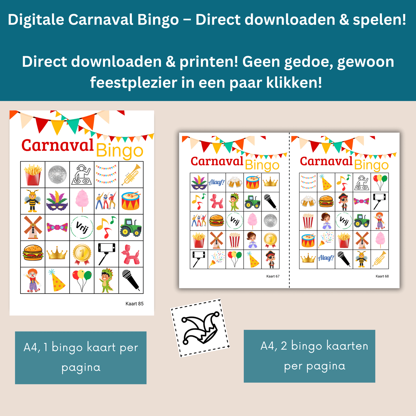 Eenvoudige organisatie van Carnavals bingo met 100 kaarten voor je groep.