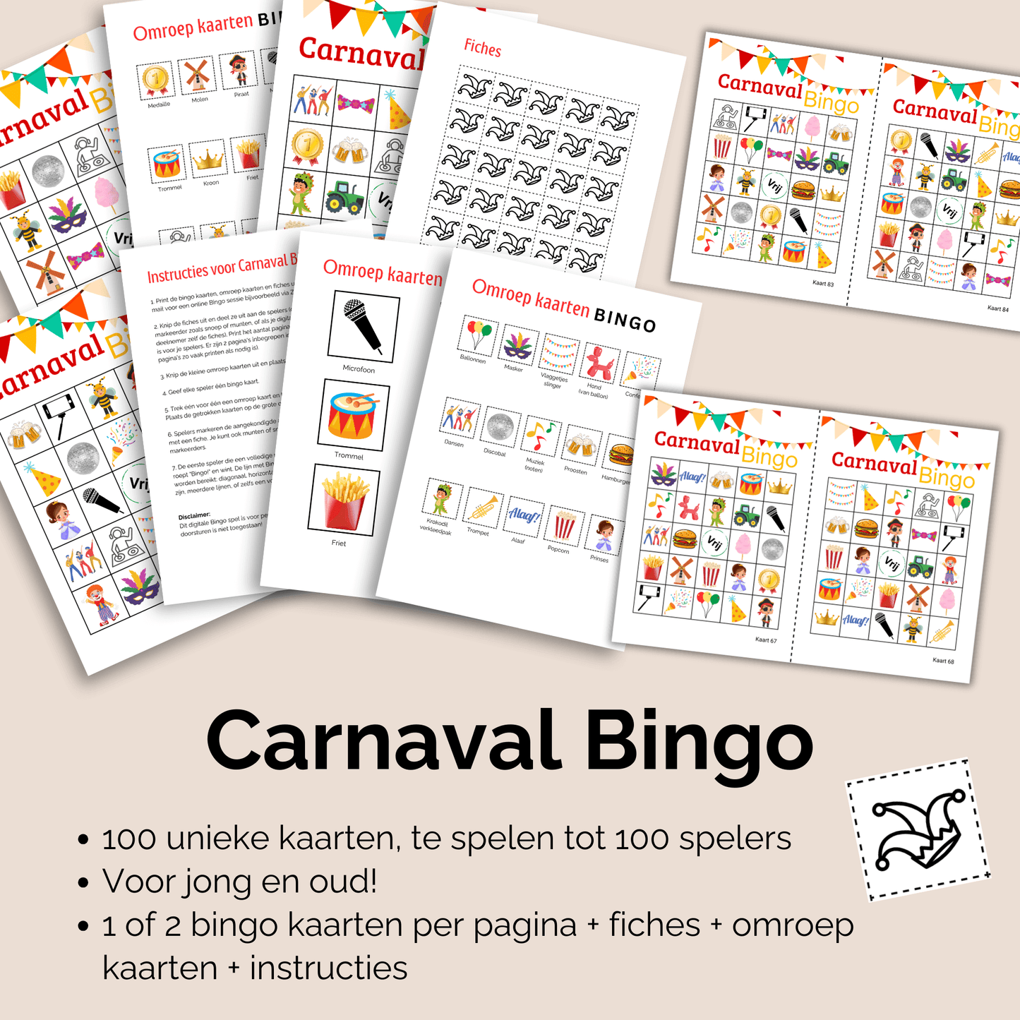 Carnavals bingo voor grote groepen, ideaal voor scholen, bedrijven en Carnavalsfeesten, tot 100 personen.