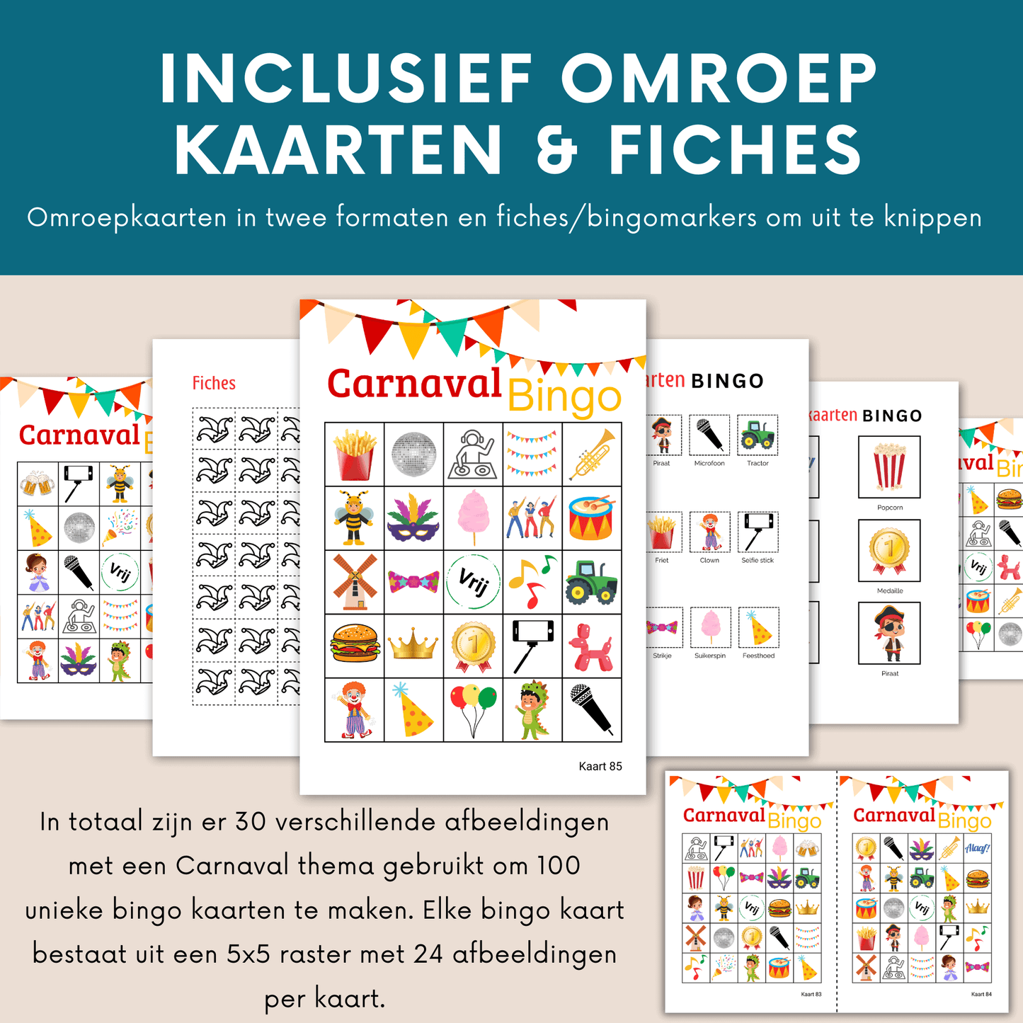 Maak je Carnavalsfeest compleet met 100 bingo kaarten voor grote groepen.