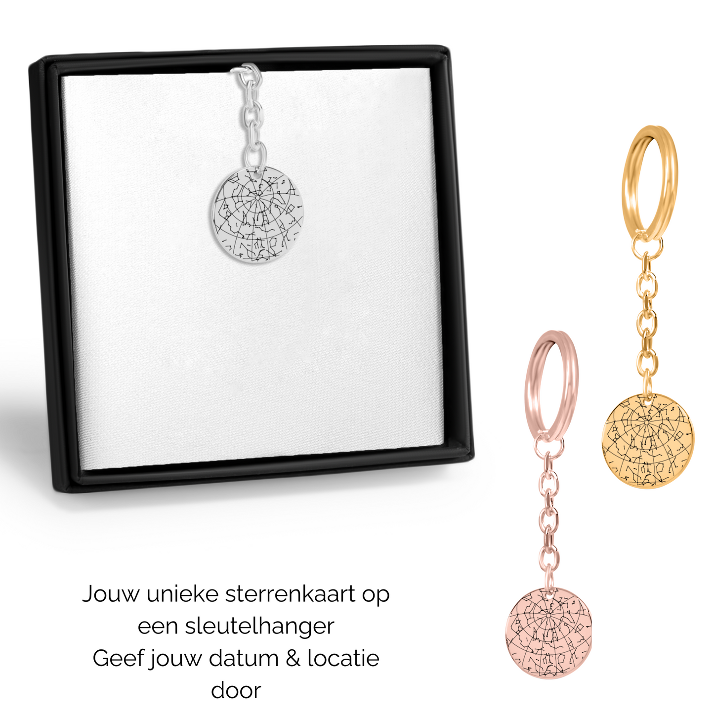 Gepersonaliseerde sleutelhanger met sterrenkaart van sterrenstand op datum en locatie
