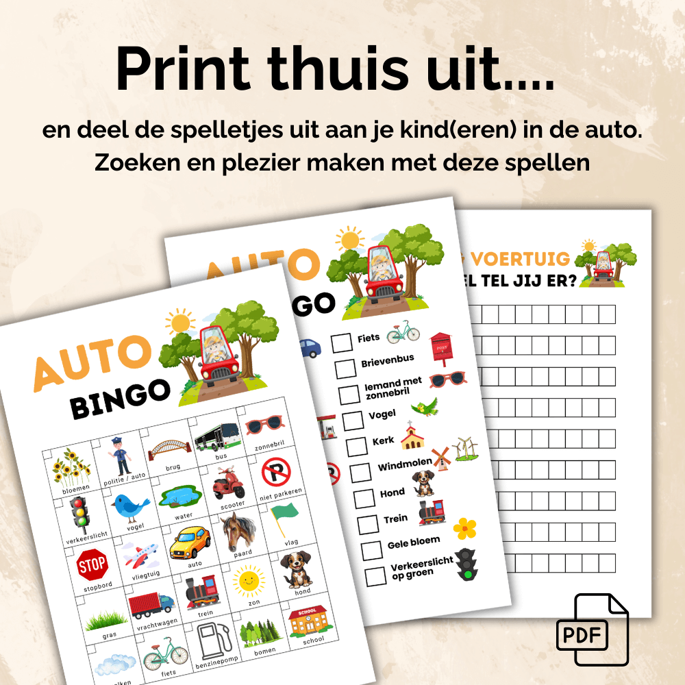 Spelletjes auto pakket met leuke bingo, tel- en zoekopdrachten voor kinderen van verschillende leeftijden