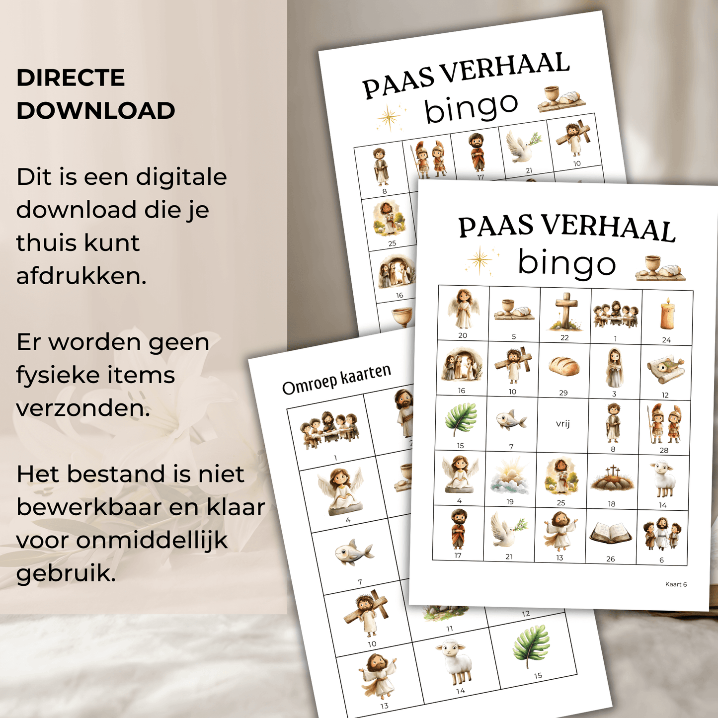 Te downloaden paasverhaal bingo met 15, 30 of 50 unieke kaarten.