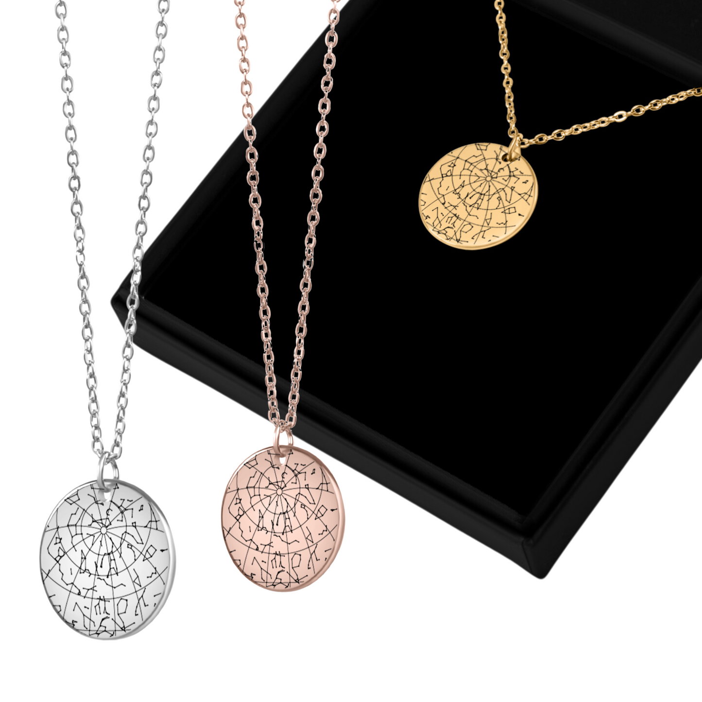Gepersonaliseerde ketting met sterrenkaart van stand sterren datum en locatie