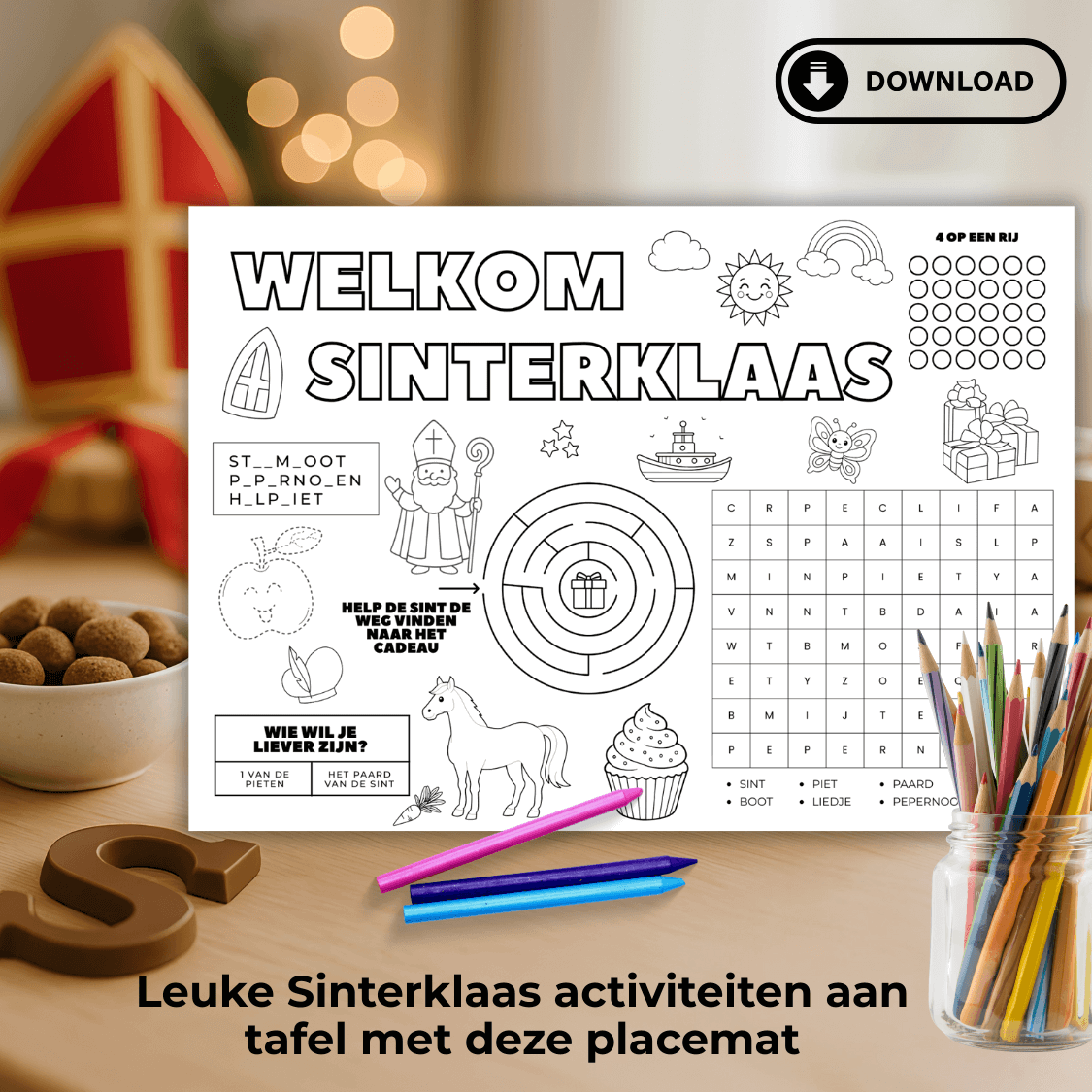 Sinterklaas spelletjes voor kinderen op een handige a4 formaat placemat kleurplaat