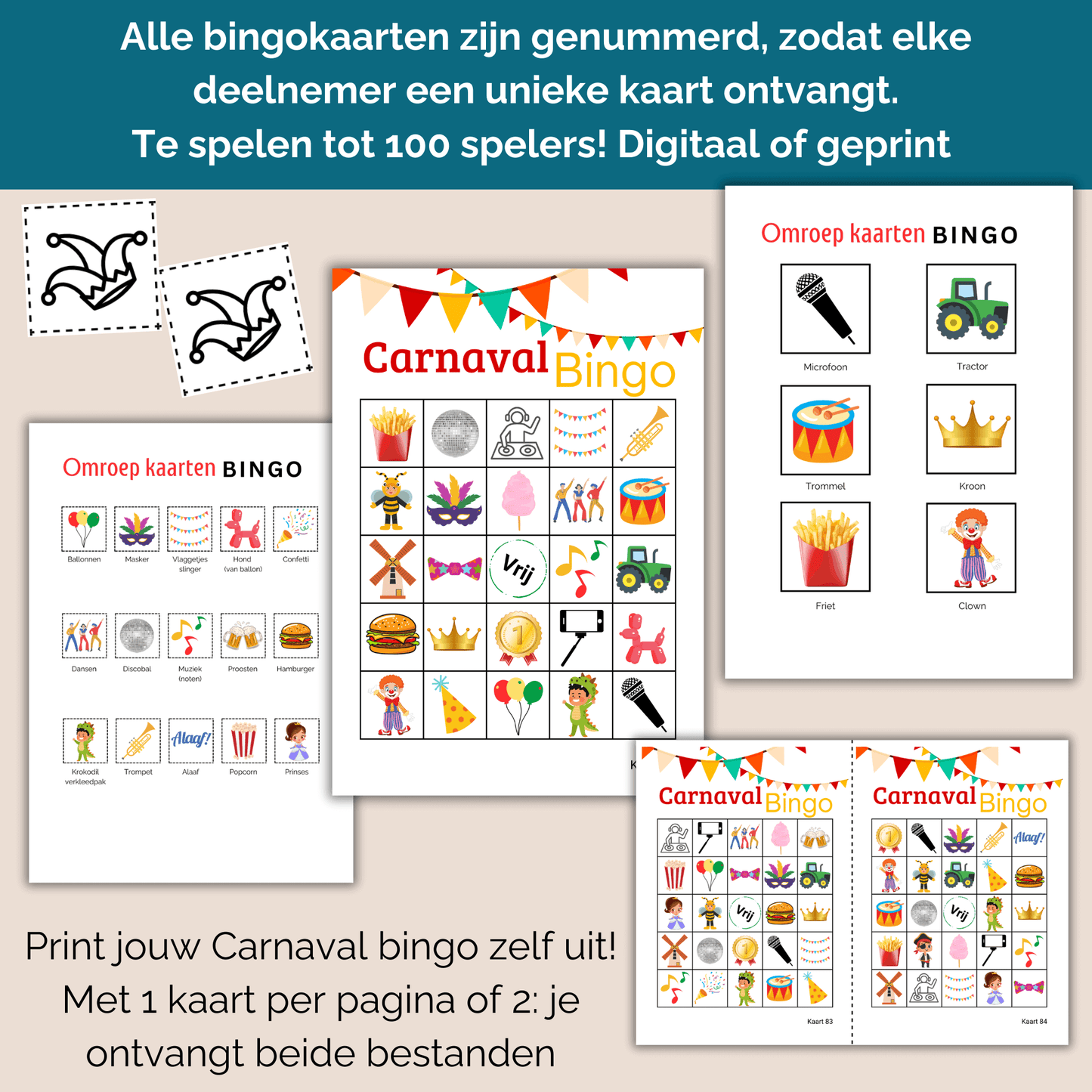 PDF met 100 unieke Carnavals bingo kaarten, perfect voor grote feestgroepen zoals Carnavalsvereniging.