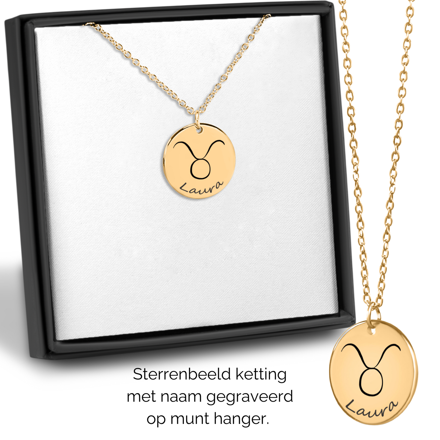 Sterrenbeeld ketting met naam gegraveerd op munt hanger