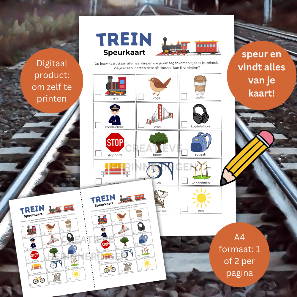 Treinspelletje voor kinderen met speurkaart om te zoeken, vinden en af te strepen