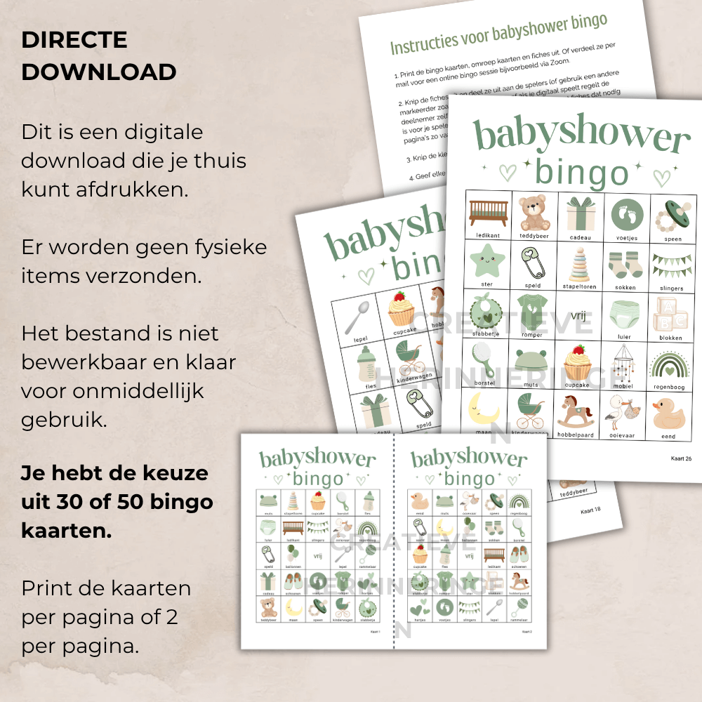 Idee voor babyshower spelletjes met groene bingo kaarten