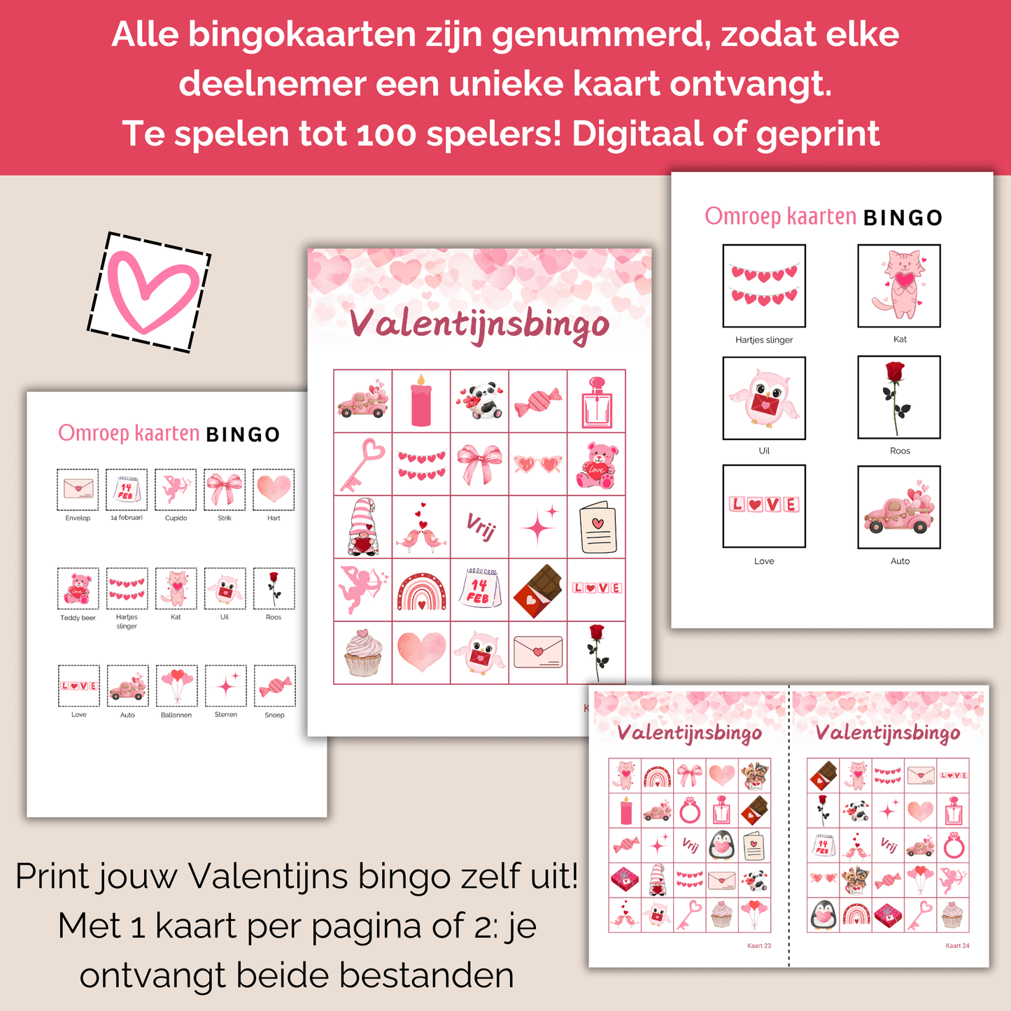 Valentijnsdag activiteit: Speel bingo met maximaal 100 spelers, digitaal en uit te printen