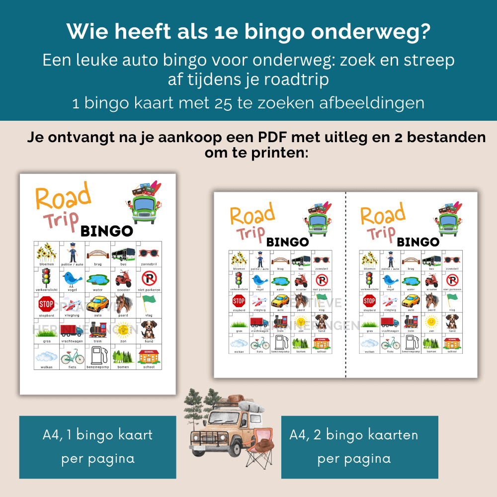 Road trip bingo afstreepkaart voor in de auto, ideaal voor lange ritten en uitstapjes