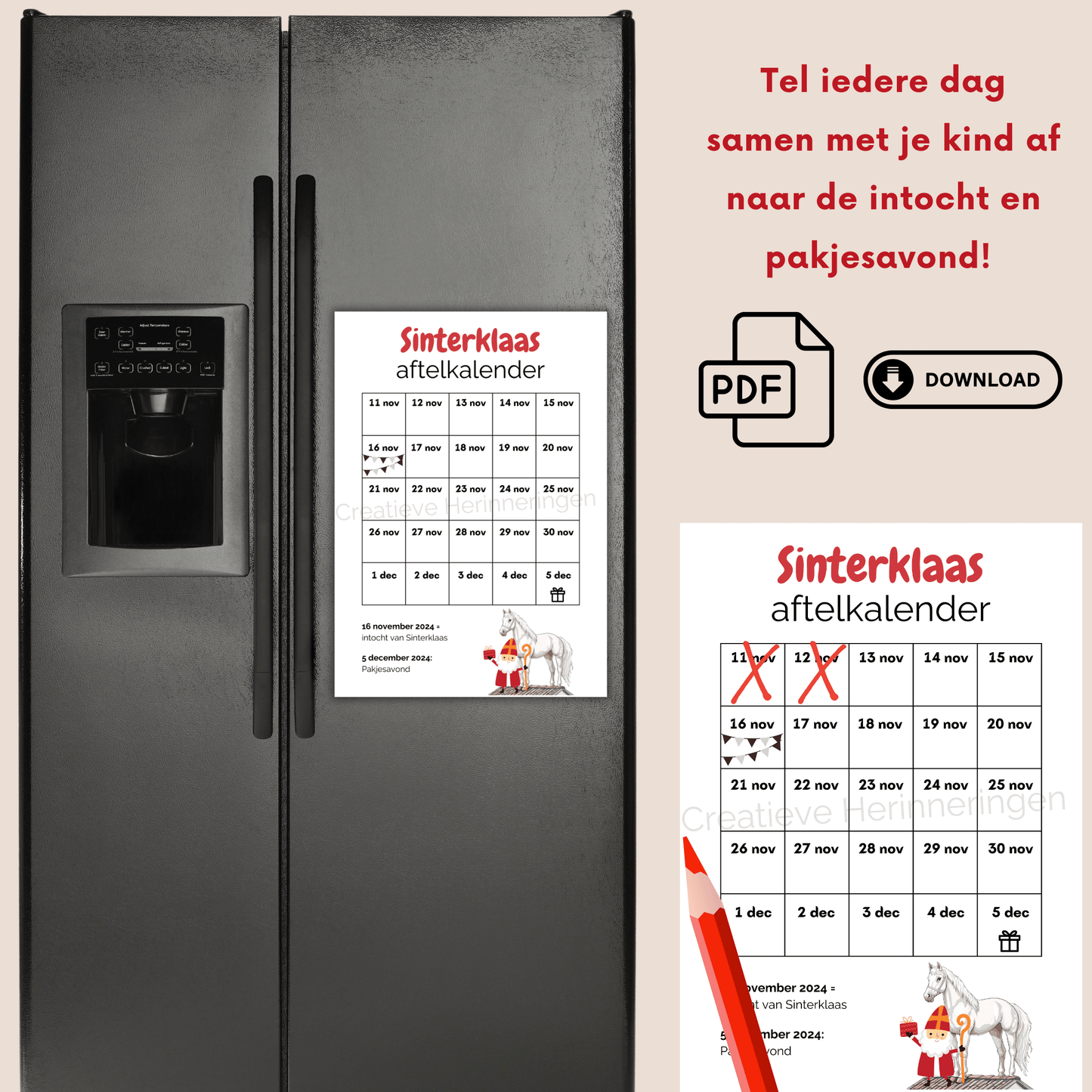 Laat je kind iedere dag een vakje afstrepen van de aftelkalender Sinterklaas 2024, uit te printen als PDF