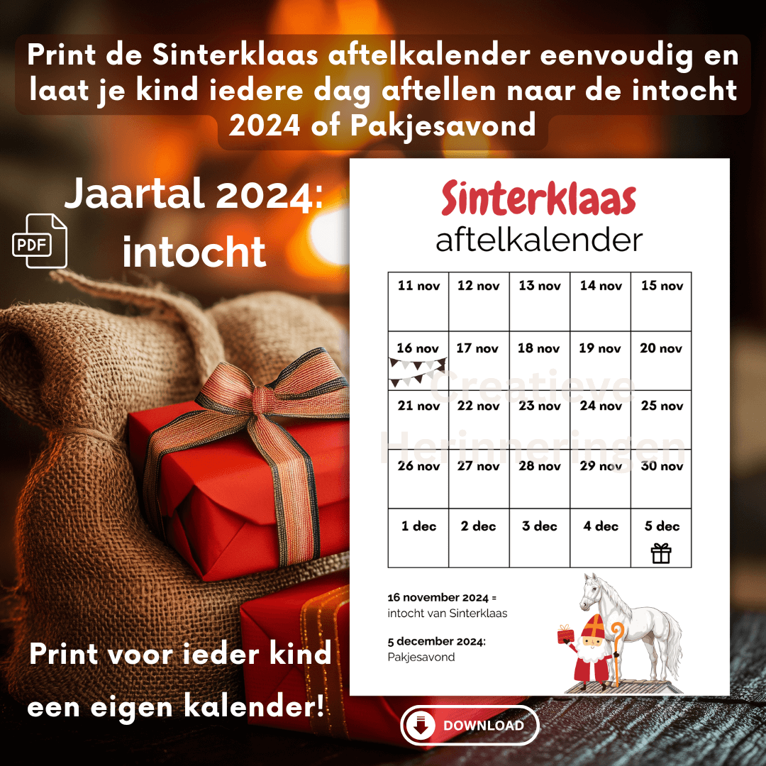 Sinterklaas aftelkalender 2024 om iedere dag een vakje af te strepen voor pakjesavond