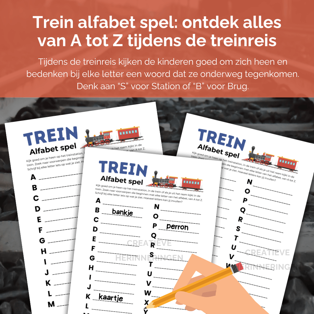 Taalspelletje voor kinderen om onderweg letters te zoeken in de trein: speel het trein alfabet spel