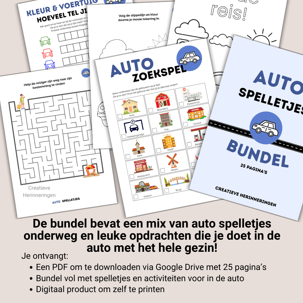 Auto spelletjes bundel met 25 pagina’s aan afwisseling en plezier voor het hele gezin