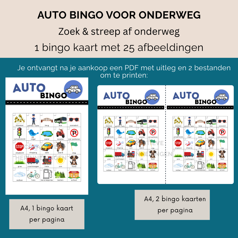 Uit te printen auto bingo kaart op A4-formaat, ideaal voor onderweg met kinderen