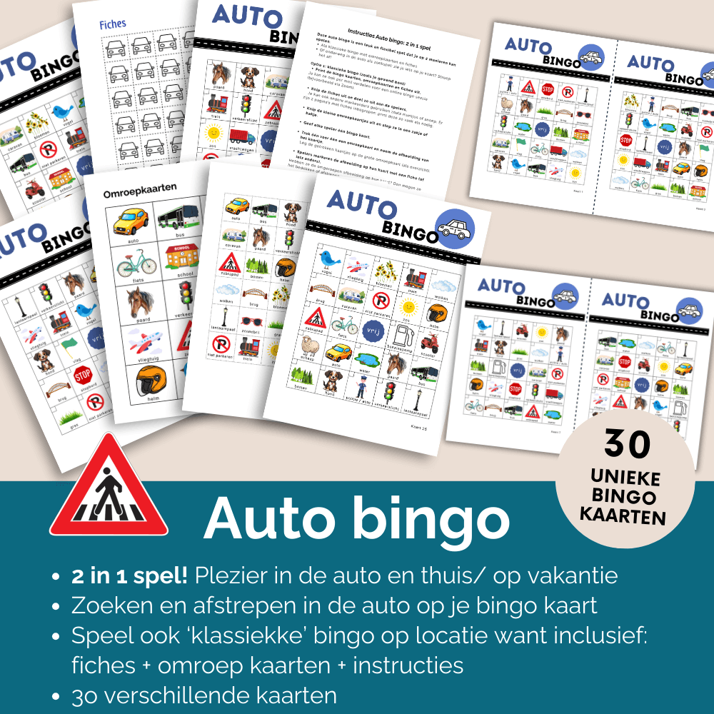 Auto bingo spel met kleurrijke kaarten die je onderweg kunt gebruiken om te zoeken of thuis als klassiek bingo