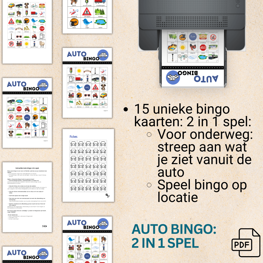 Auto bingo game voor kinderen tijdens vakantie of dagjes weg, 15 verschillende kaarten