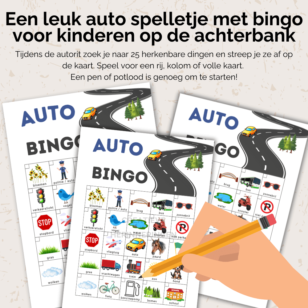 Eén uit te printen auto spelletje kaart voor kinderen om onderweg te zoeken, herkennen en afstrepen tijdens autoritten.