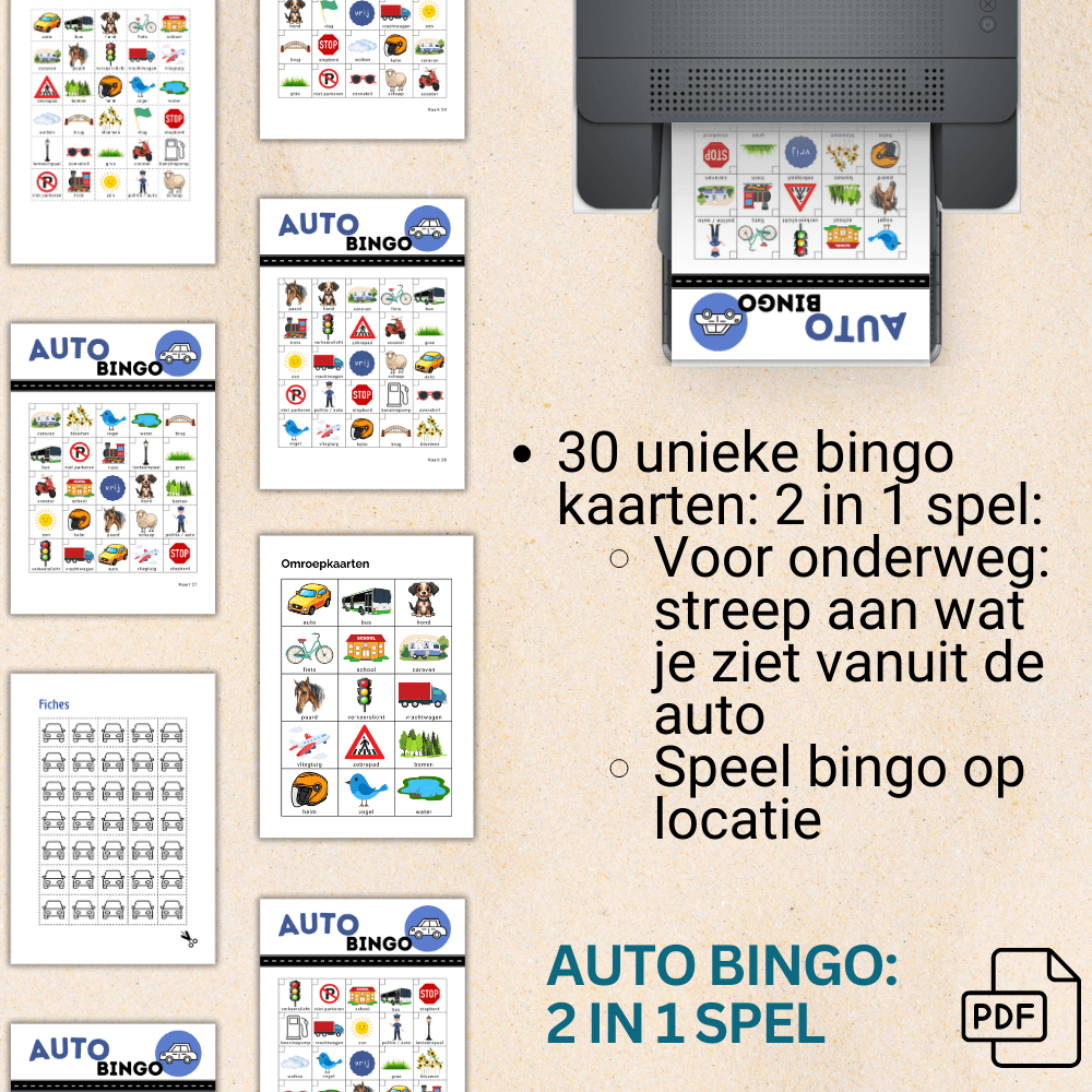 Spel met 30 unieke auto bingo kaarten die je afdrukt en gebruikt tijdens ritjes, vakanties of op locatie