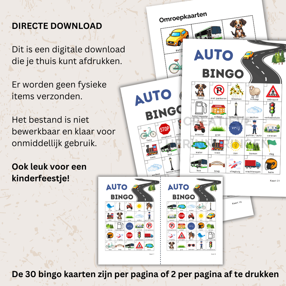 Leuke kinder activiteit voor in de auto, ideaal voor onderweg naar een feestje. En speel daarna auto bingo op locatie (30 kaarten)