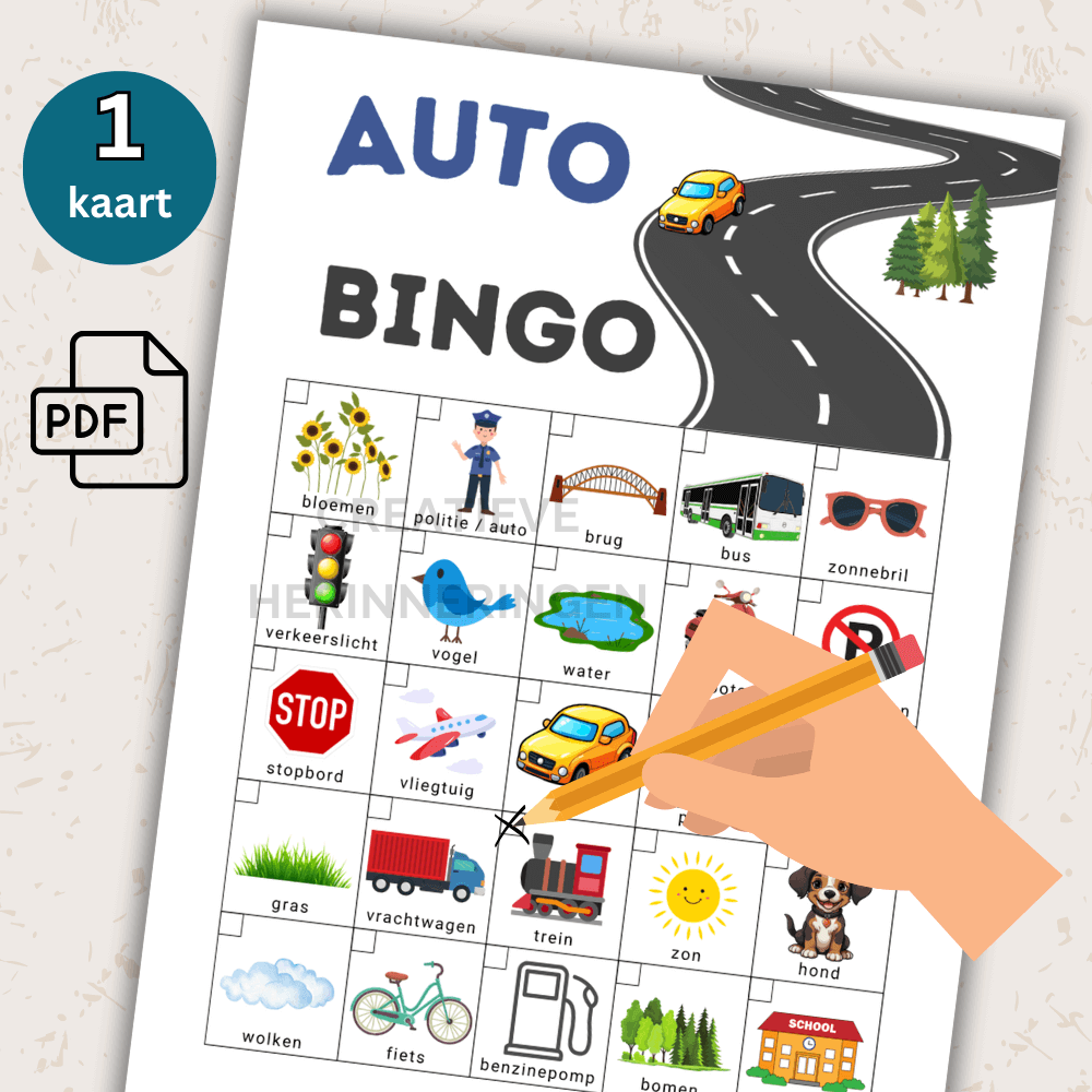 Auto spelletje op A4 met 25 vrolijke afbeeldingen waarmee kinderen onderweg kunnen speuren en bingo spelen zonder scherm.