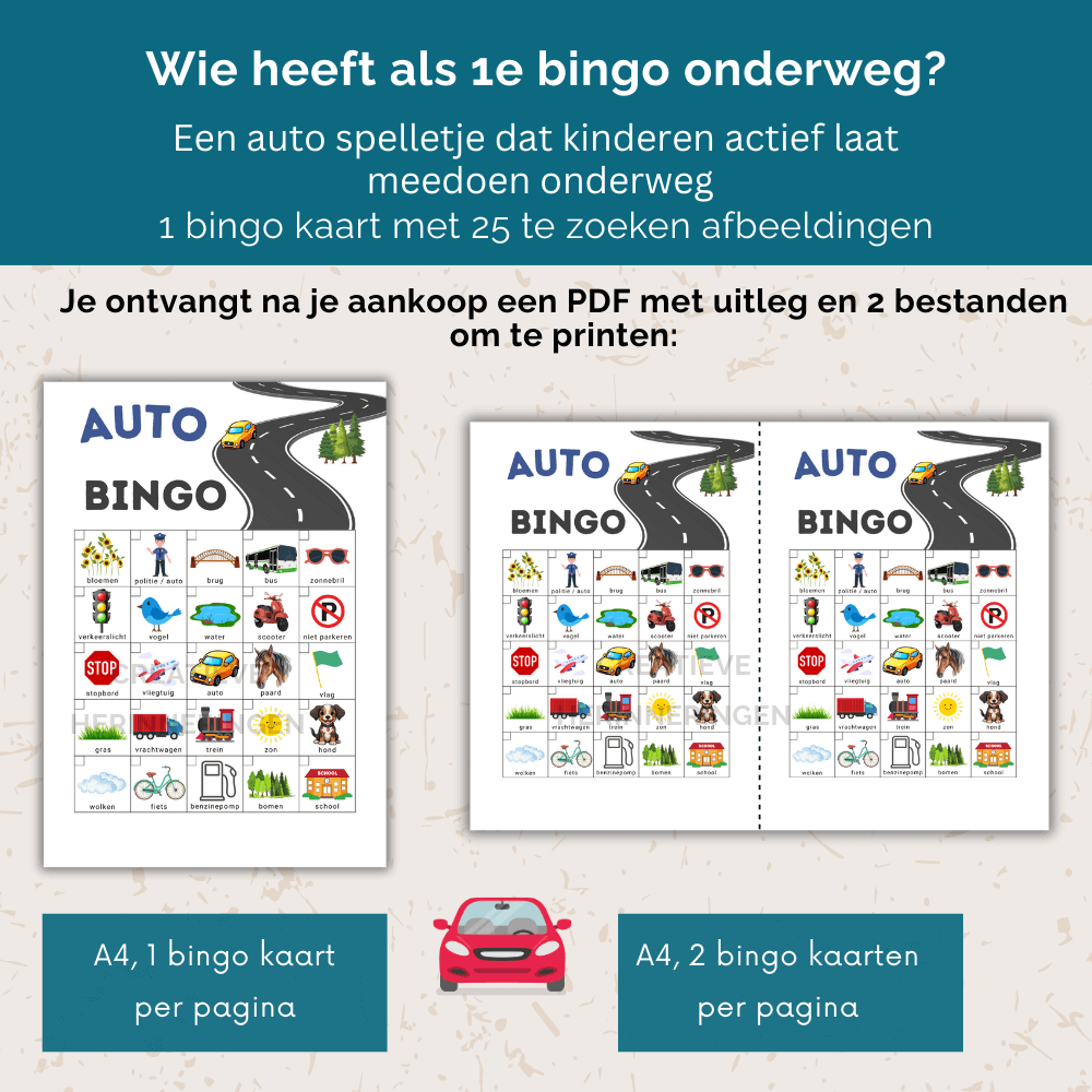 Eén pagina auto spelletje als bingo kaart, ideaal voor onderweg met kinderen die actief willen zoeken en afvinken