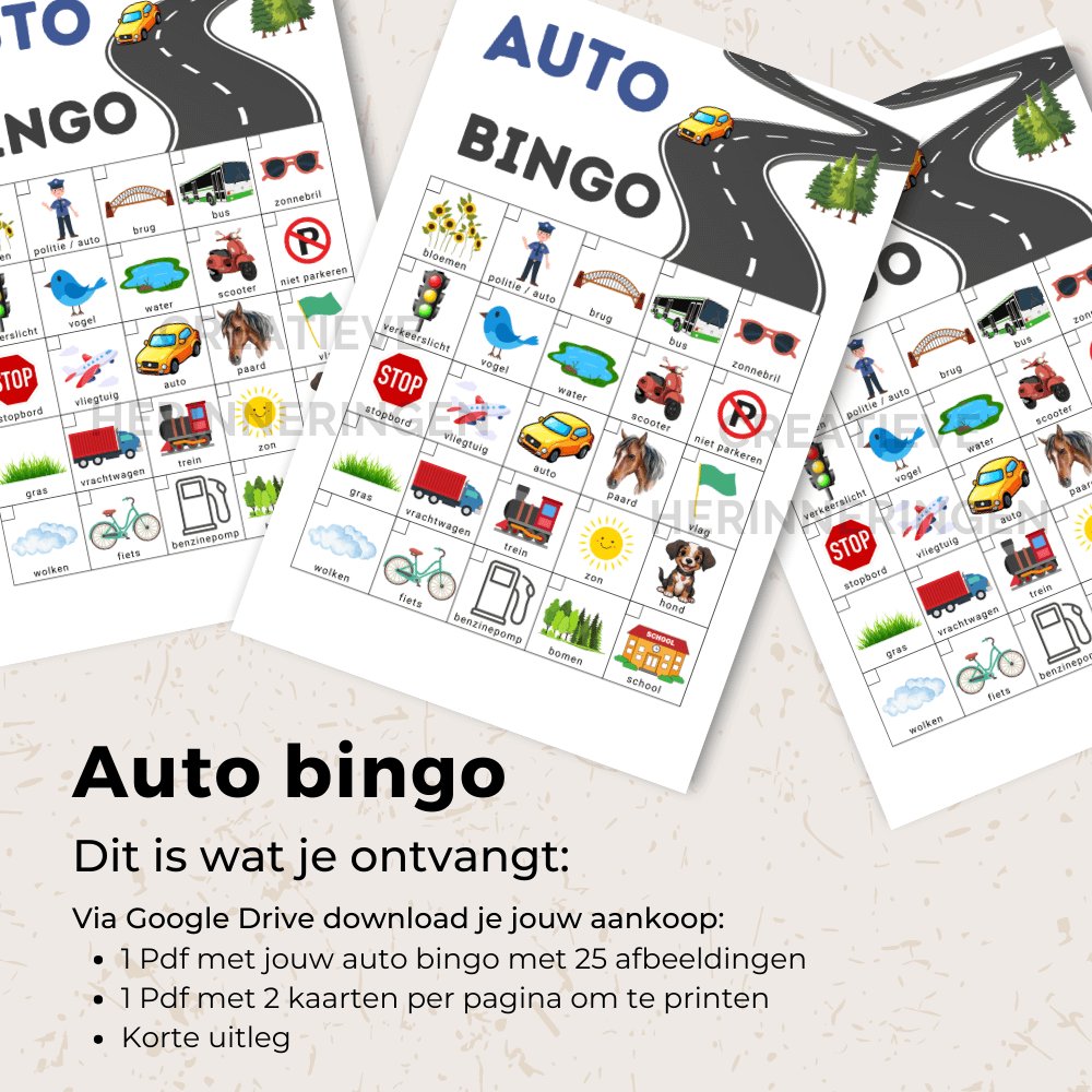 Auto spelletje voor onderweg waarbij kinderen 25 objecten afvinken op hun bingo kaart tijdens vakantie of dagje uit.