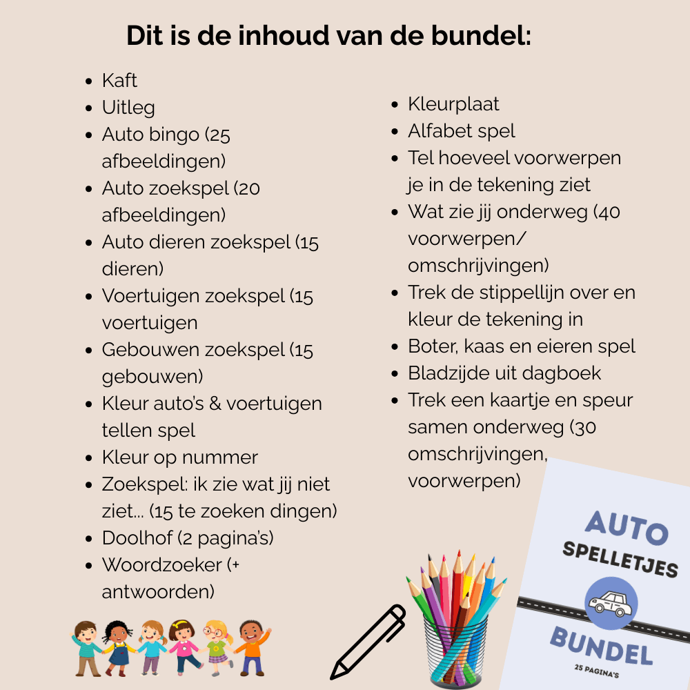 Auto spelletjes pakket met auto bingo, zoeken, tellen, kleuren en puzzelen