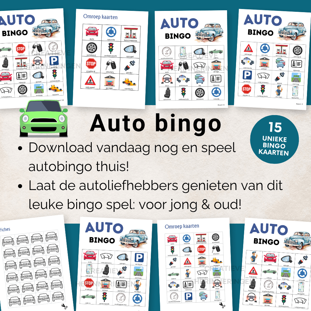 Autobingo voor kinderen – vrolijk spel voor binnen met auto’s als thema, 15 kaarten