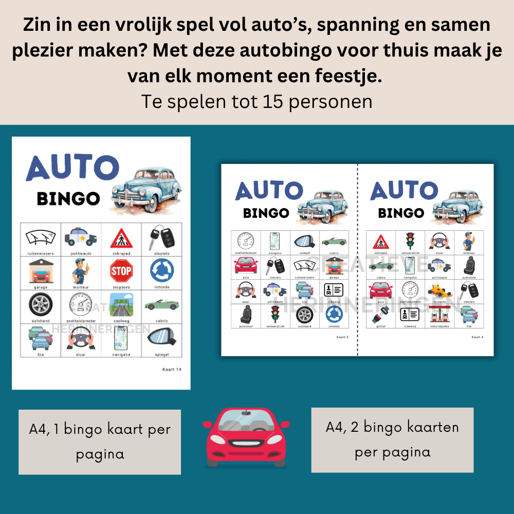 15 kleurrijke autobingo kaarten voor jonge autoliefhebbers