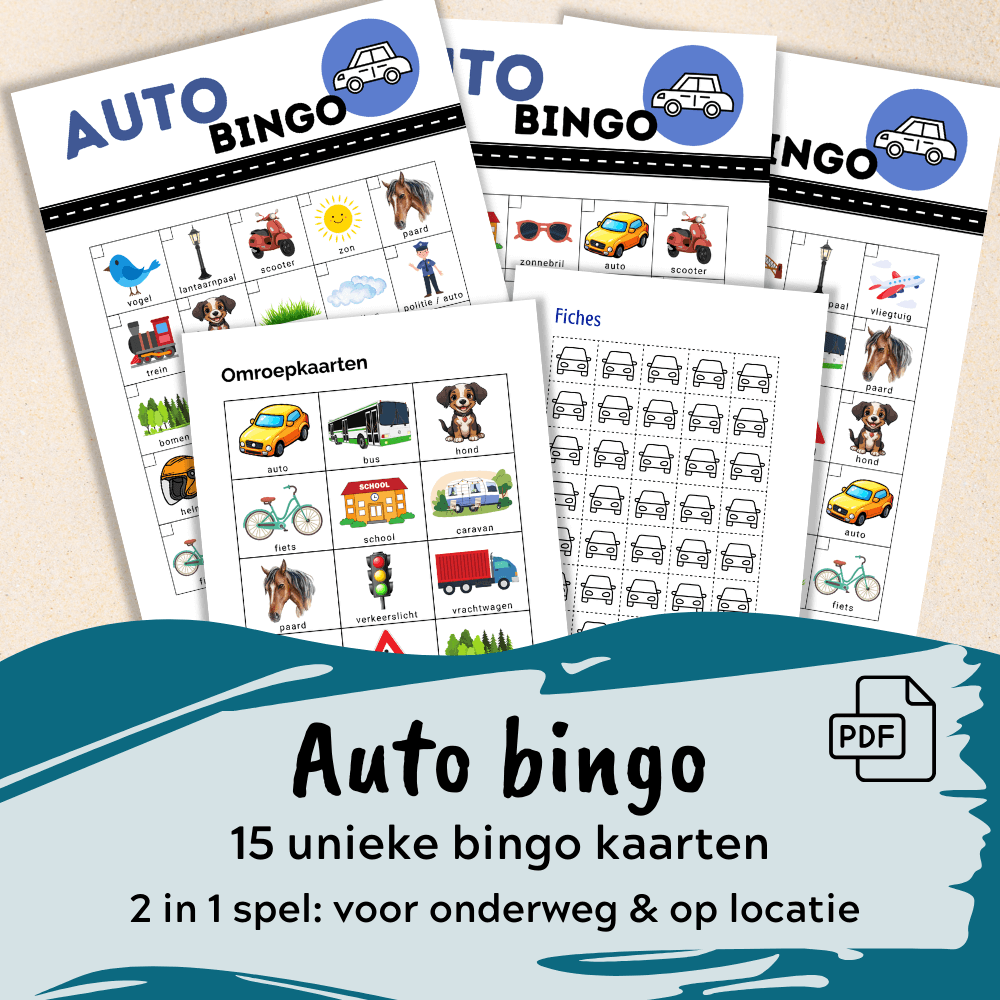 Spelletjes auto onderweg met 15 bingo kaarten vol herkenbare afbeeldingen om te vinden onderweg