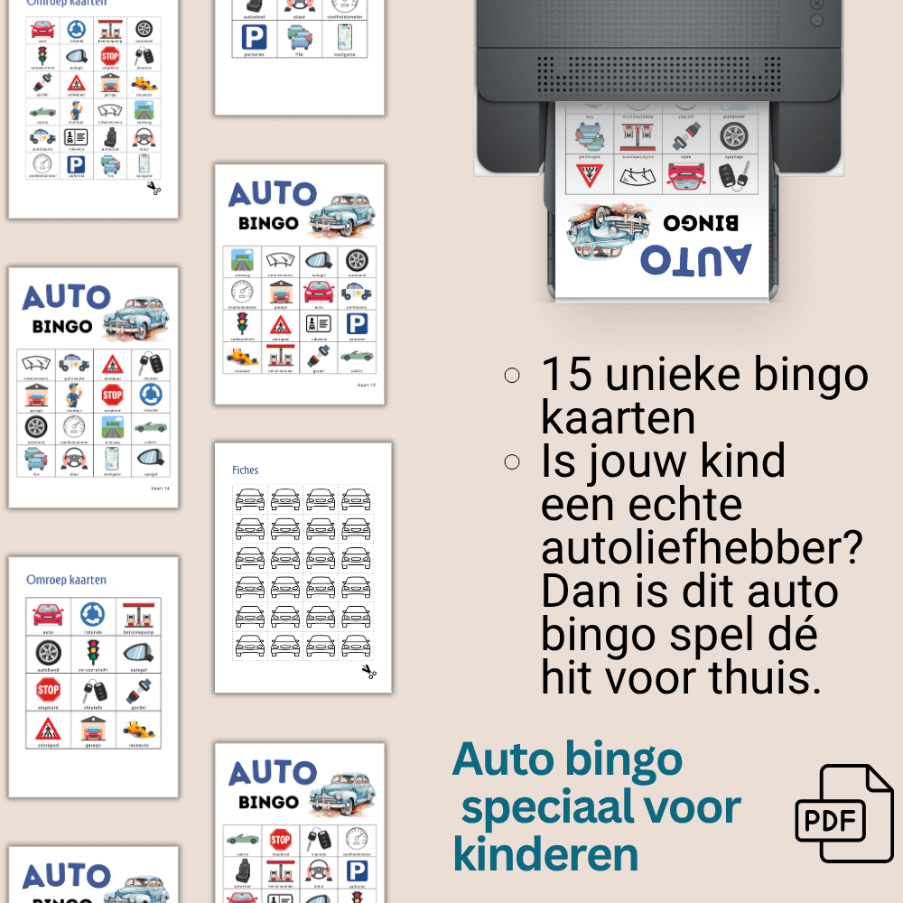 Autobingo spelletjes met auto’s als bingo spel, speciaal voor kinderen, 15 kaarten