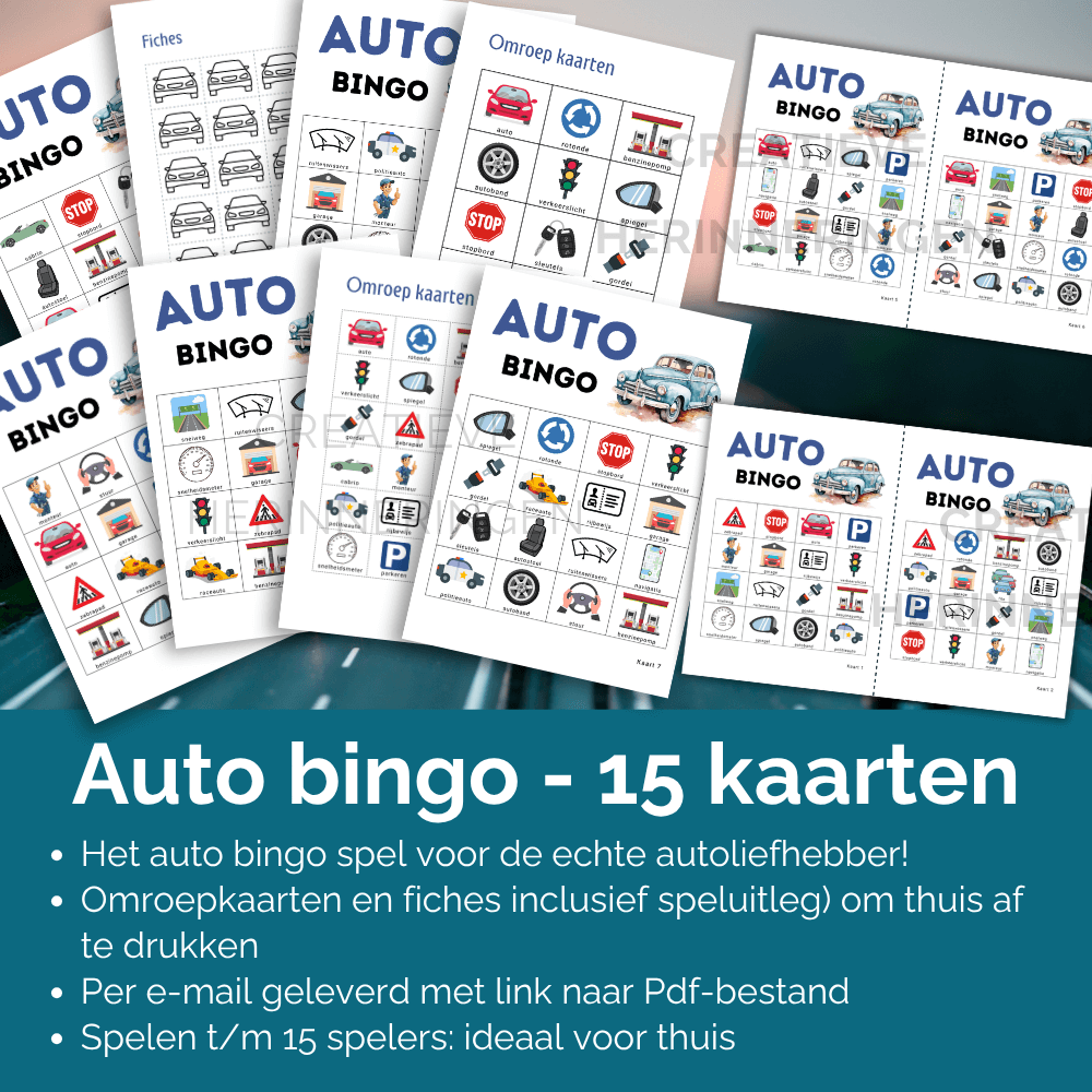 Unieke autobingo kaarten om te downloaden en thuis te gebruiken, 15 kaarten