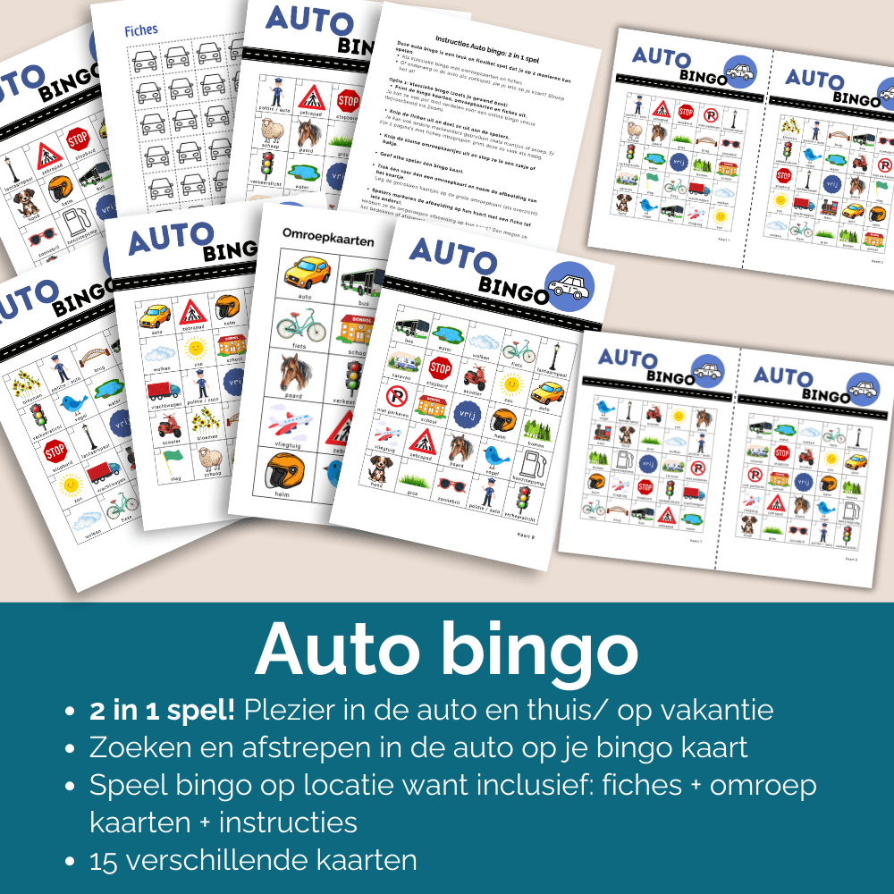 Autospel zonder scherm voor kinderen tijdens langere autoritten. Plus thuis bingo spelen, 15 verschillende kaarten