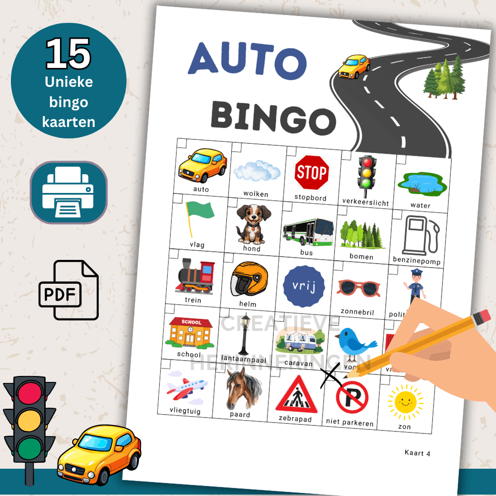 Autospelletjes met 15 bingo kaarten voor kinderen om onderweg te speuren en thuis bingo te spelen met het hele gezin